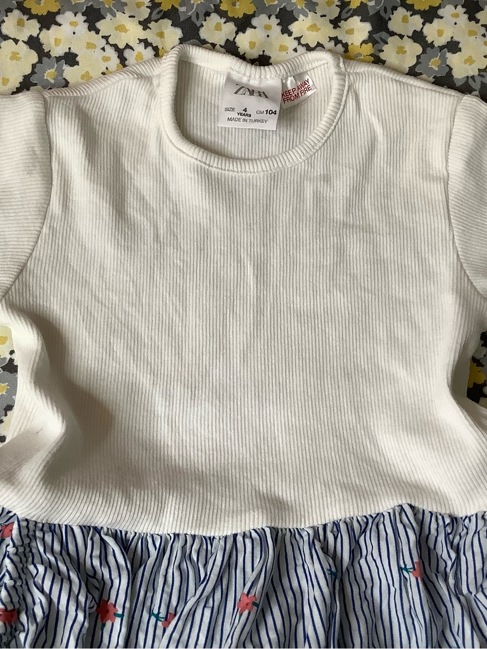 Zara White Ribbed Top with Blue Striped Floral Skirt